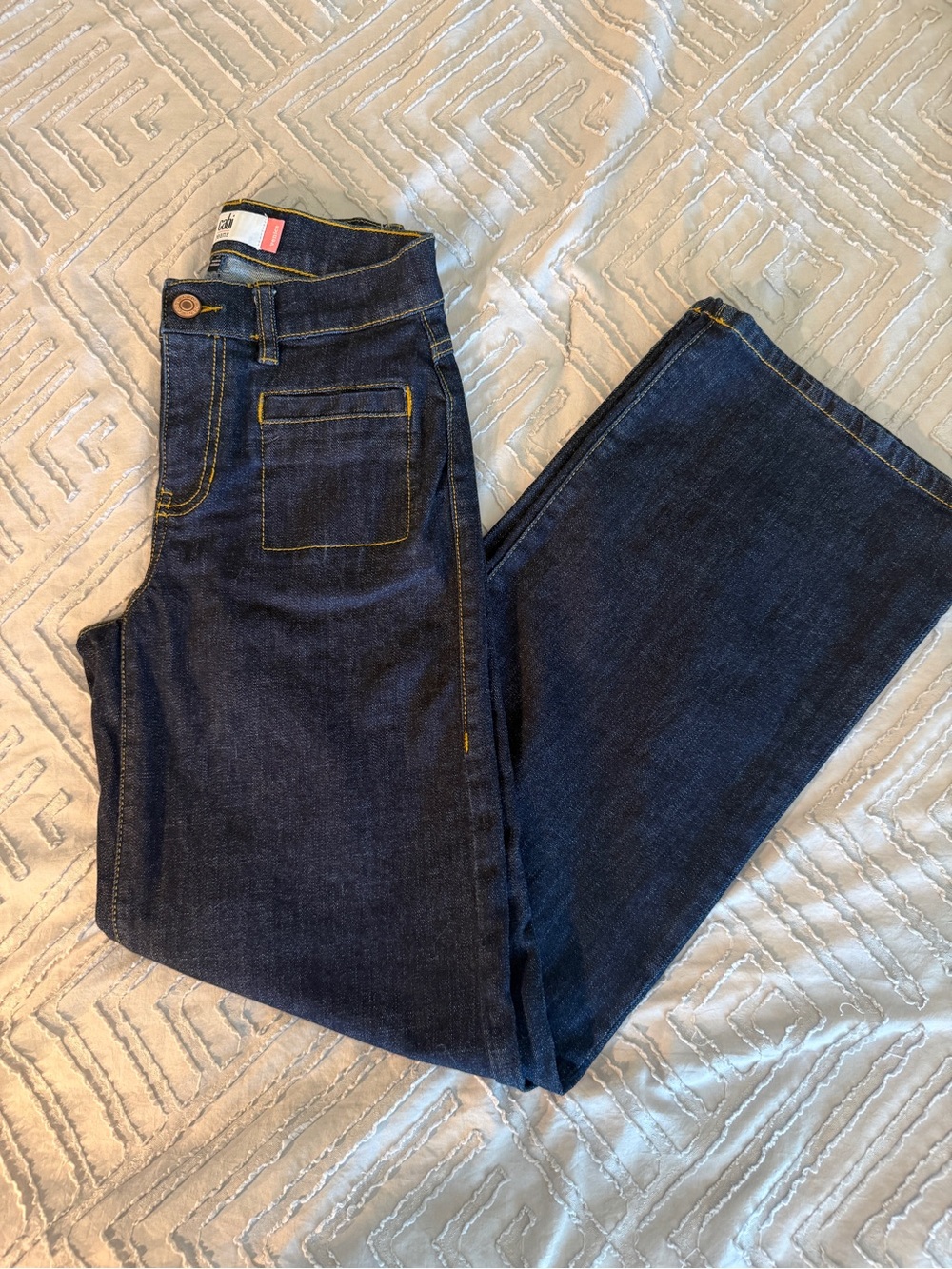 CAbi Navy Wide-Leg Jeans with Yellow Topstitching